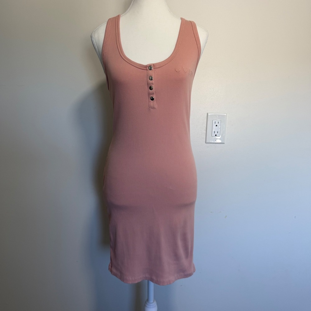 Guess Ribbed Henley Tank Dress Size L Pink Casual Mini Bodycon Racerback